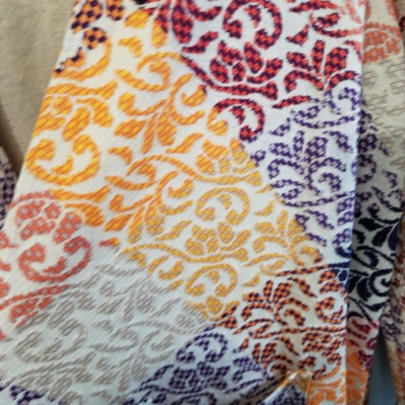 LuLaRoe Cardigan Long Duster Size L Beige Purple Open Front Patchwork - Picture 6 of 13